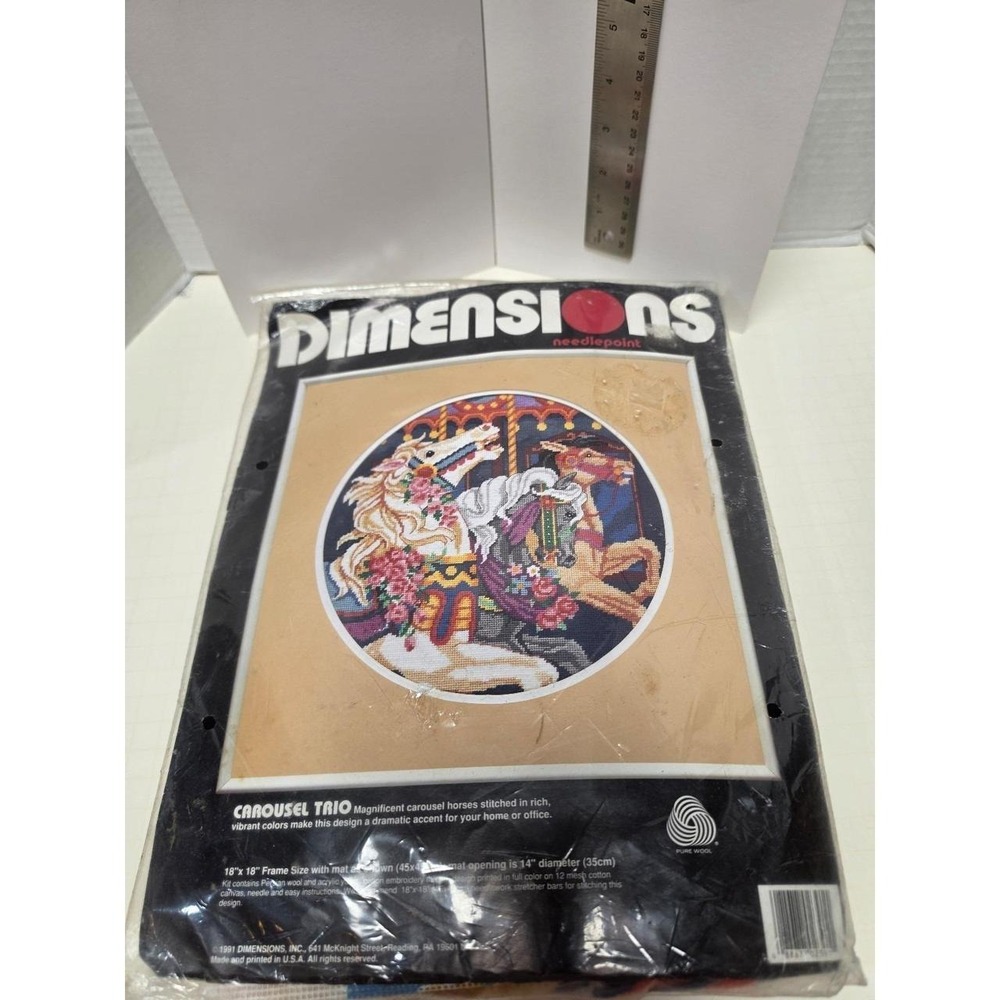 vintage 1991 Dimensions Needlepoint Kit titled "Carousel Trio" (#2391)
